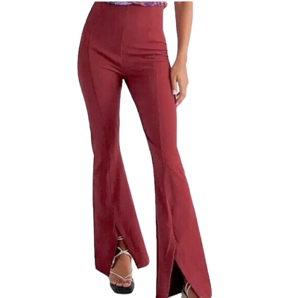 Free People Real Deal High Waist Slit Flare Pants Size Small Burgundy Wine New